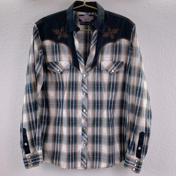 Brooks & Dunn Collection by Panhandle Slim Large Plaid Western Shirt Pearl Snap - Picture 1 of 17